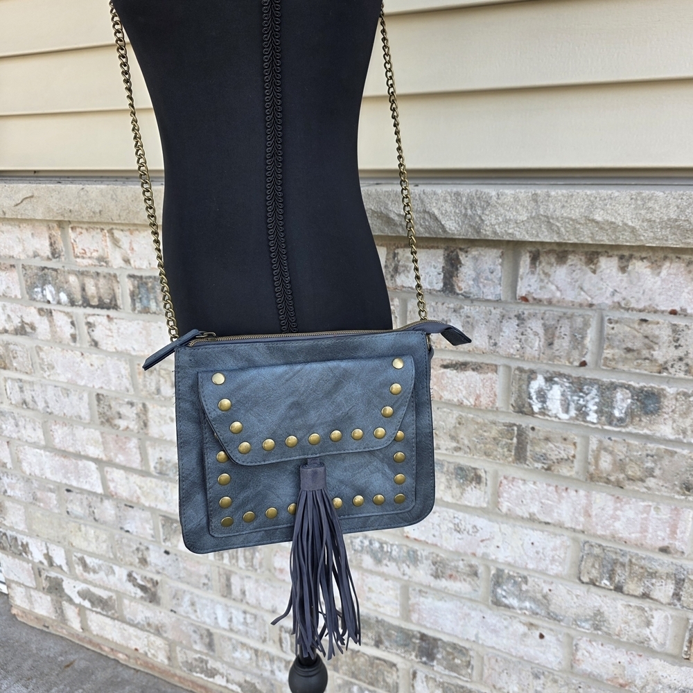 Studded Tassel Crossbody Bag Blue Boho Faux Leather Chain Strap